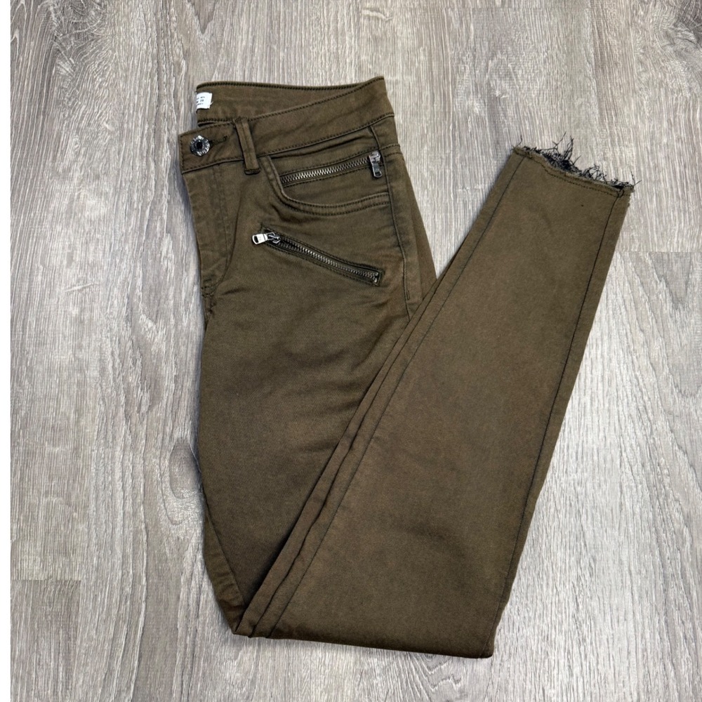 Zara Basic Denim Skinny Pants Olive Green Multi Zipper Raw Hem Size 6